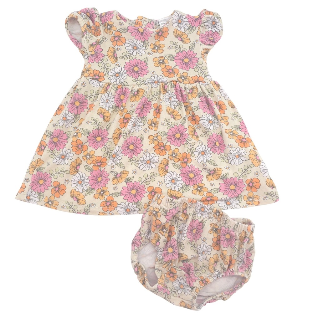 Milkberry Floral Dress Set Baby 3-6M Pink Orange Bamboo Rayon Bloomers 2pc